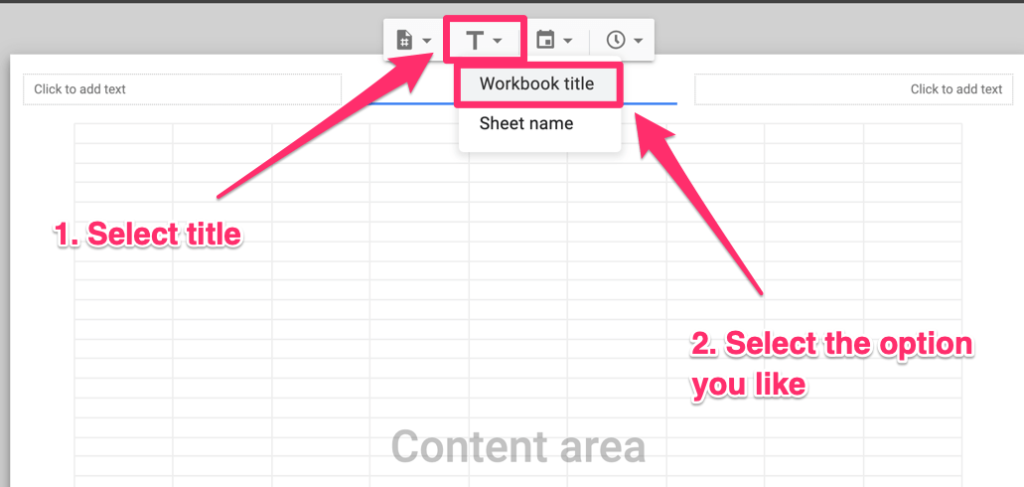 The screenshot shows where to find title icon that will add a workbook title or sheet name to the header print menu