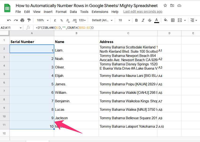 Add a Series in Google Sheets Using COUNTA Function 