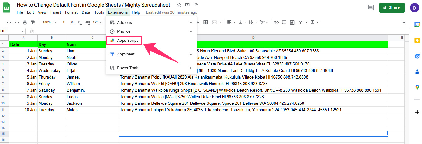 Apps Script option in sheets