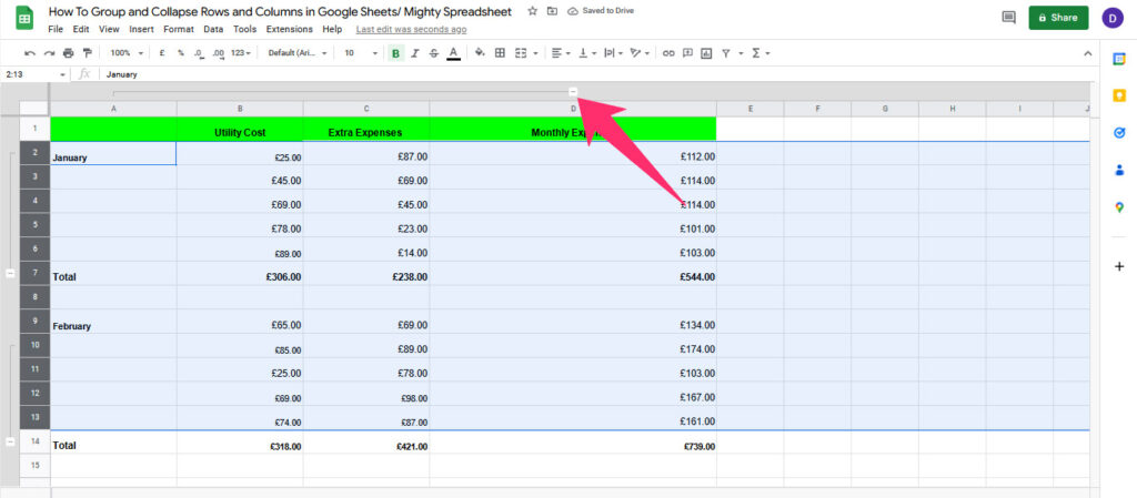 Arrow points on the minus sign that allows for collapsing Columns