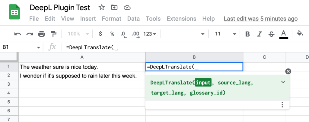 Screenshot shows example on how to use DeepLTranslate function