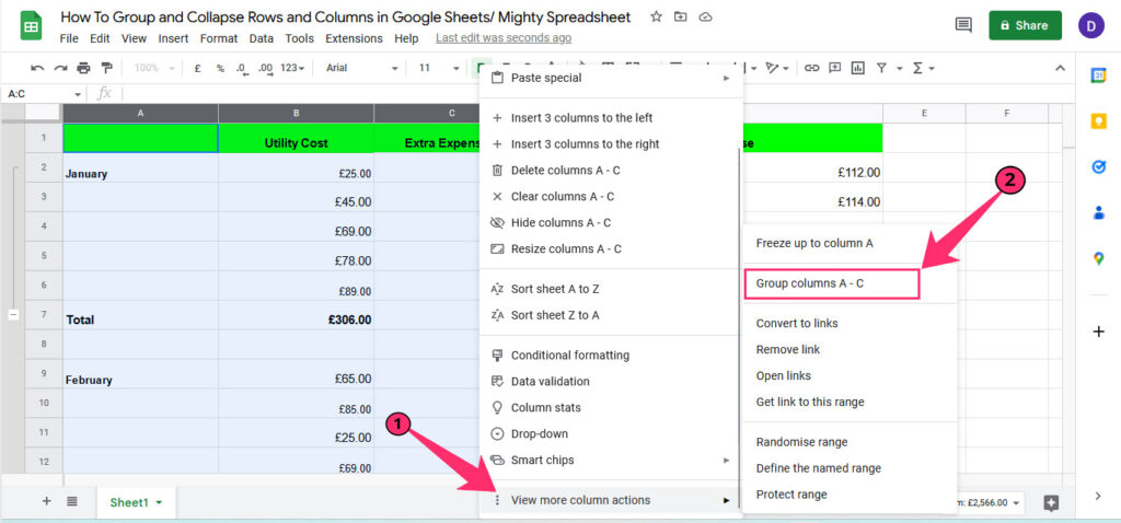 The screenshot shows where to find Group Columns option in Google Sheets