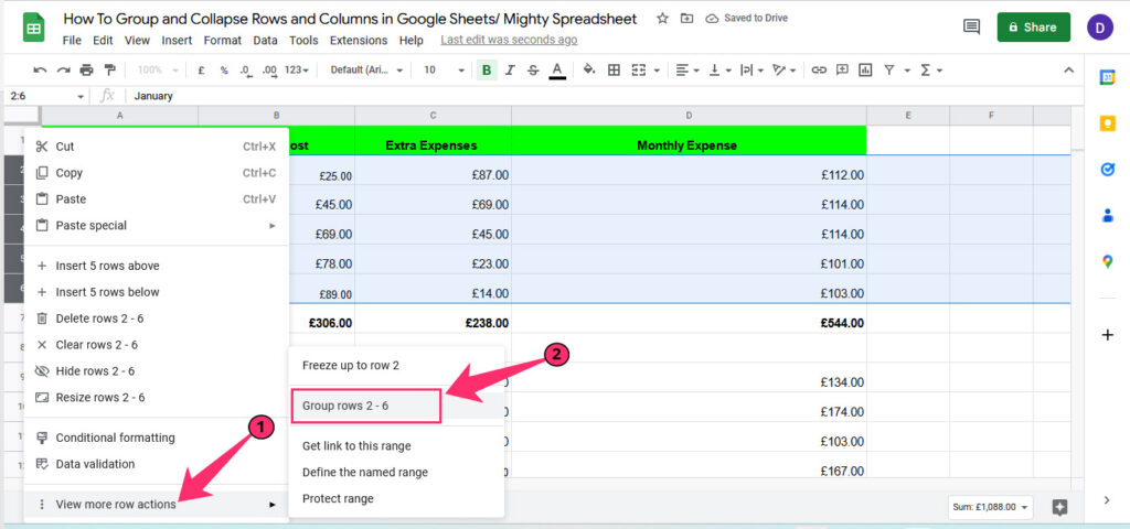 The screenshot shows how to access 'group rows' setting from contextual menu