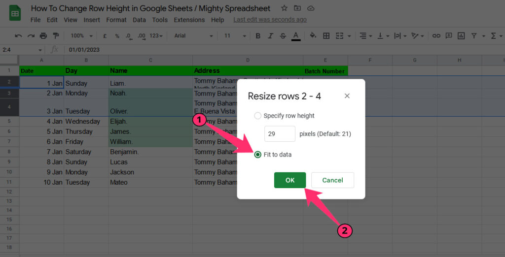 Select Resize Rows (Range) and check the 'fit to data' option