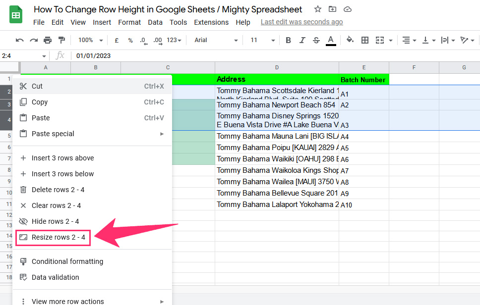 Select the row in sheet