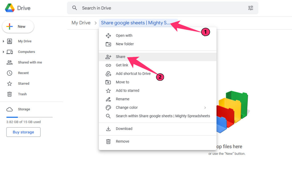 The screenshot shows how to Share a folder in Google Drive