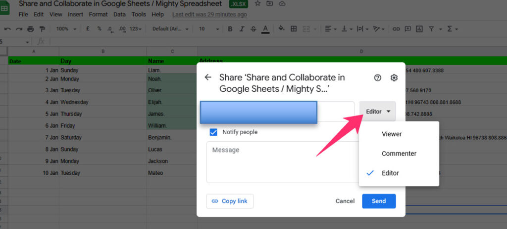 Arrow points to different roles selection for every person that will have access to the sheets: Viewer, Commenter, and Editor option