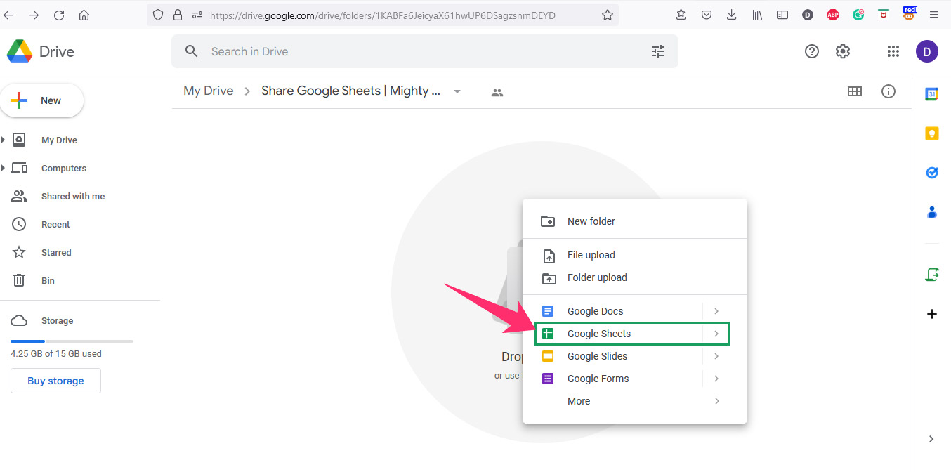 The screenshot shows how to create a new google sheets sheet in shared folder