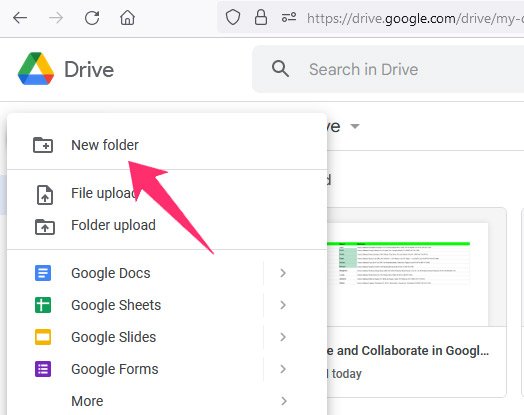 the screenshot shows how to create new Folder in google drive