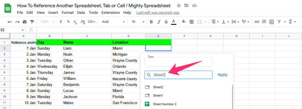 enter sheet name in insert link text box