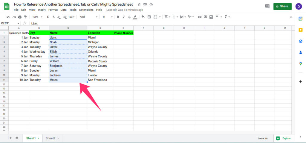 select the range of cells