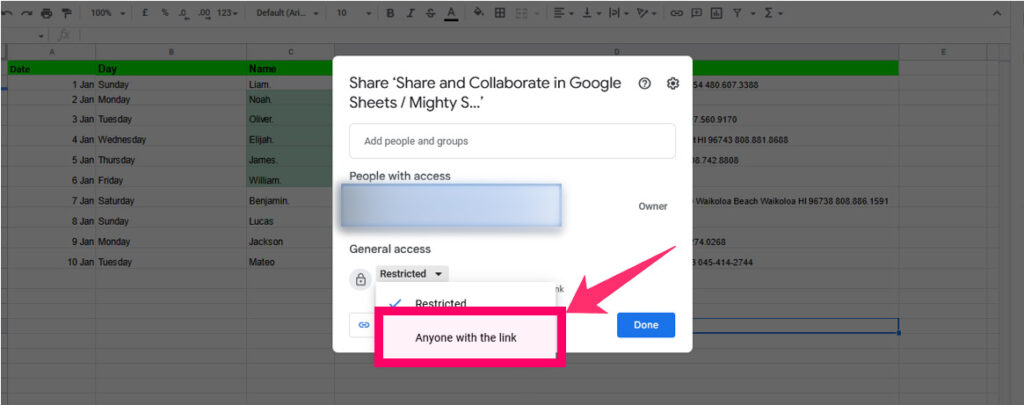 The screenshot shows how to share the sheet with anyone who has a link. 