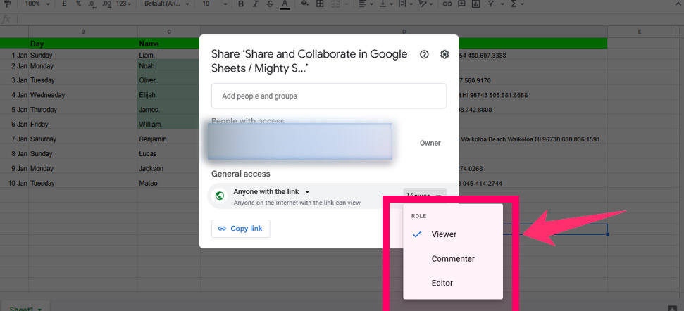 Arrow points to different roles selection for every person that will have access to the sheets: Viewer, Commenter, and Editor option