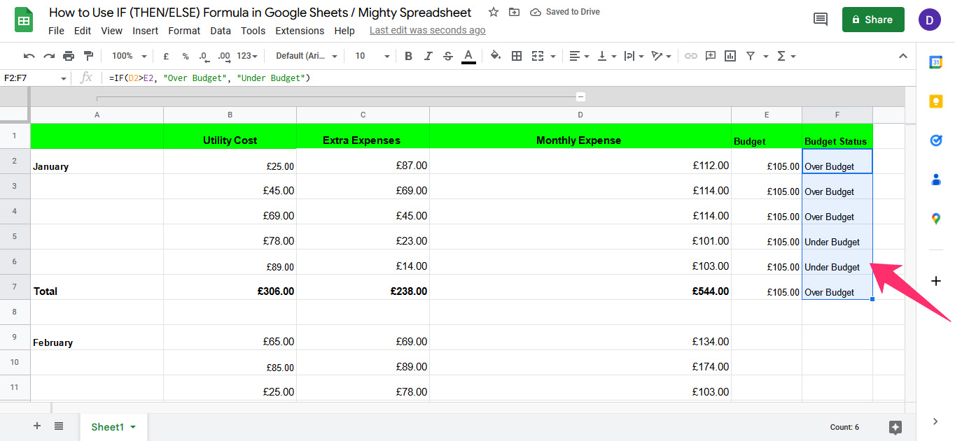 showing Over Budget using IF formula