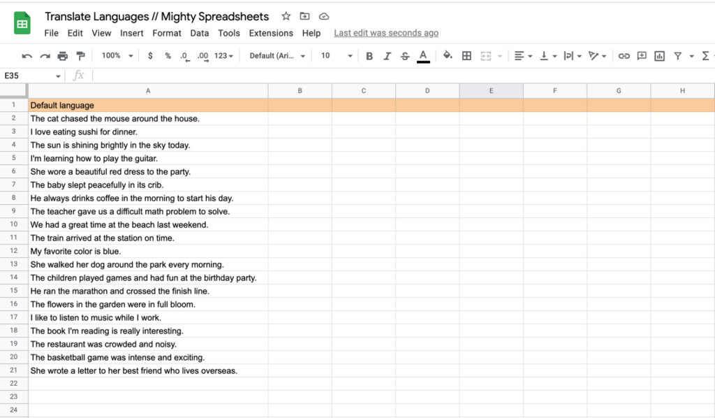 The screenshot shows column A filled with content. It has a header that says 'default language' and 20 rows of random sentences written in English
