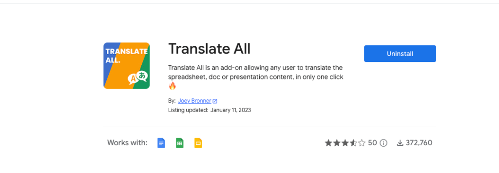 The screenshot shows translate all extension in the google workspace marketplace