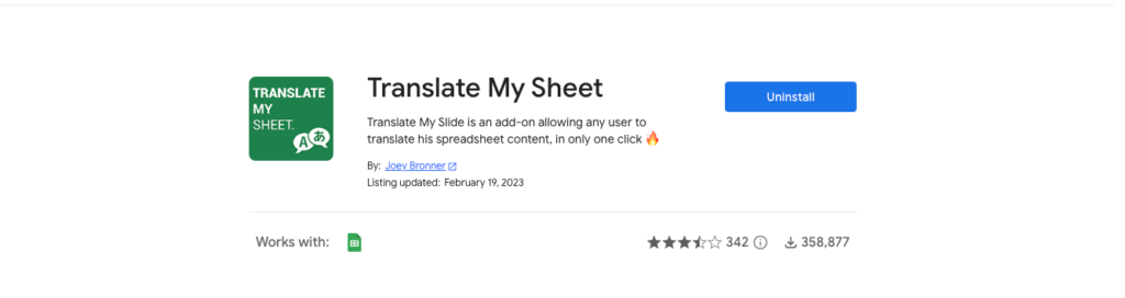 The screenshot shows the 'translate my sheet' extension in the google workspace marketplace