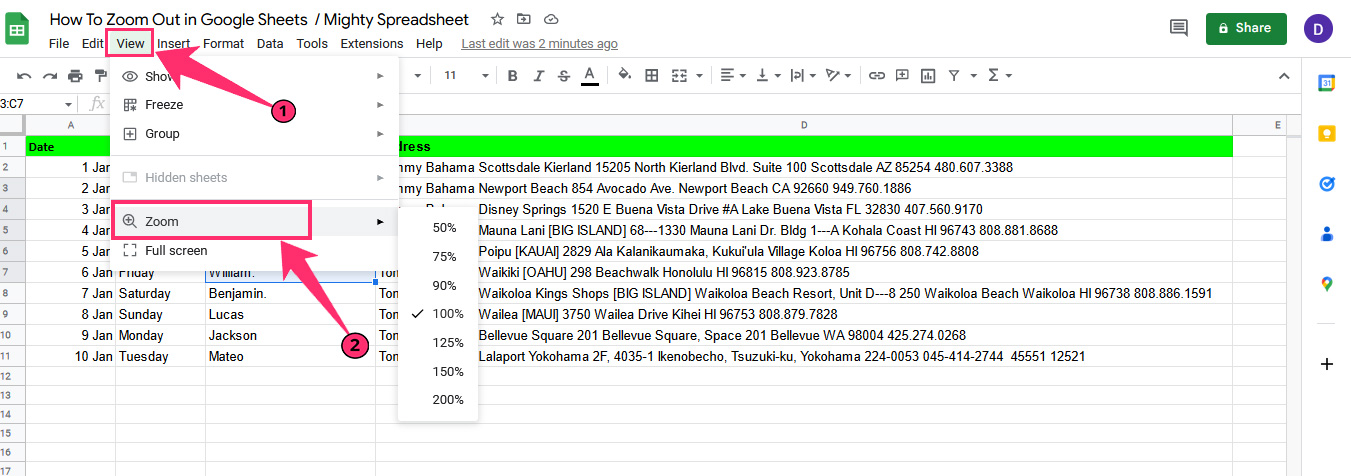 How to access "zoom" settings under the "view" section in Google Sheets