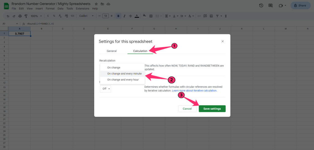 Change Recalculation Settings for Random Number