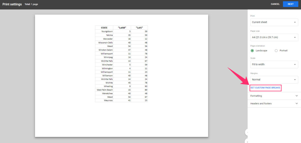 Custom Page Breaks option in print