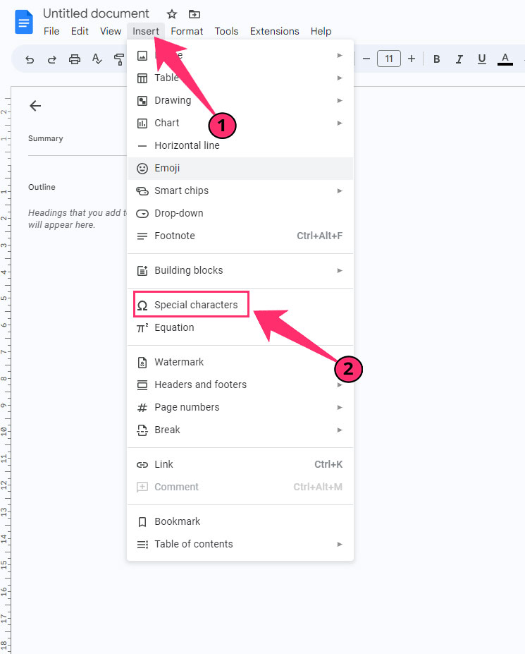 Special Characters option under insert