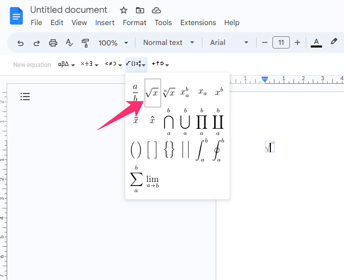 Square Root Symbol in docs