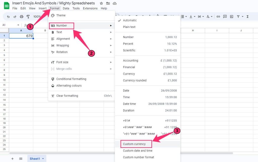 click on Custom currencies in sheets