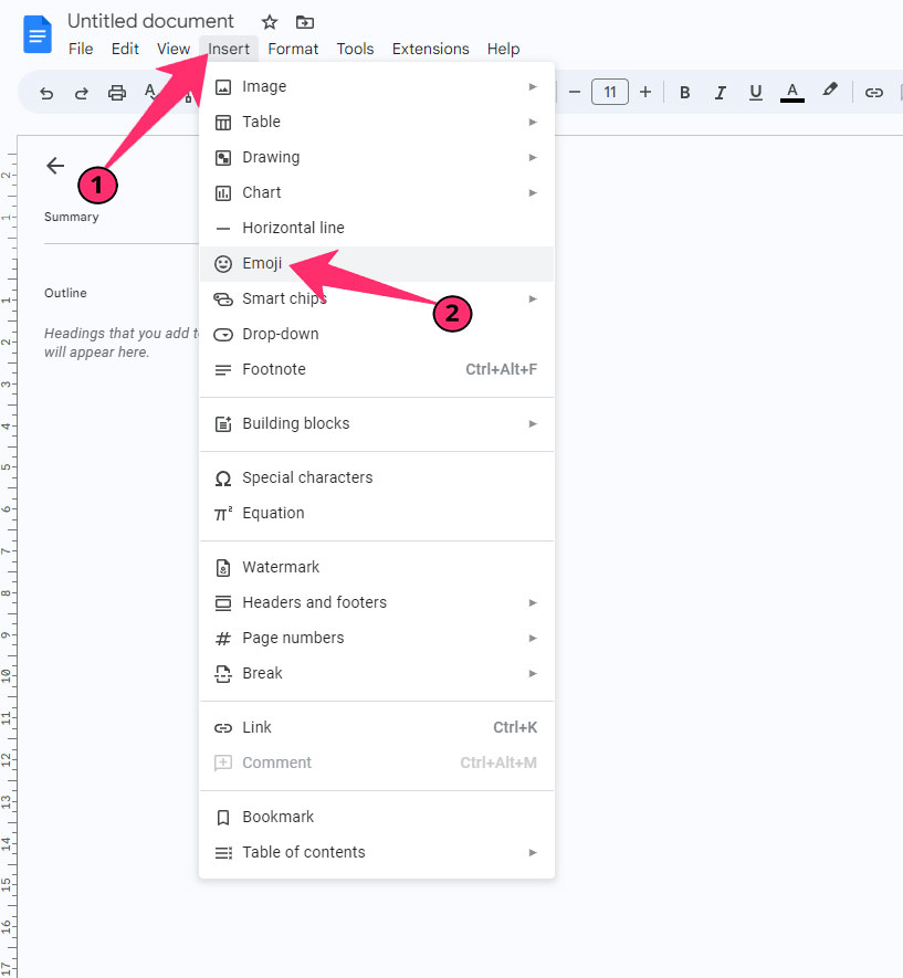 Arrows on the screenshot show how to insert Emoji in docs