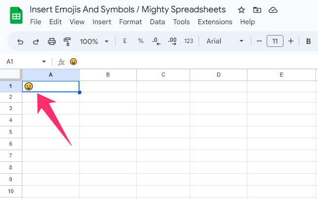 pasted grinning face emoji in google sheets cell