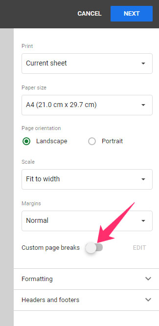 toggle switch custom page breaks