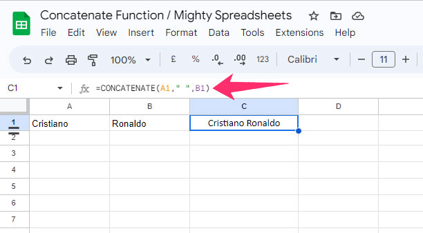 =CONCATENATE (A1,“ ”,B1)