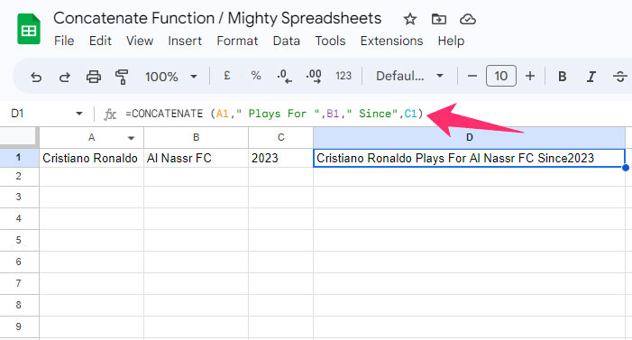 =CONCATENATE (A1,“ Plays For ”,B1,“ Since”,C1)