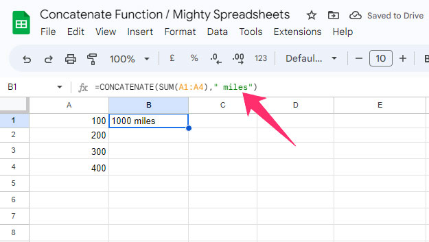 =CONCATENATE(SUM(A1A4),” miles”)