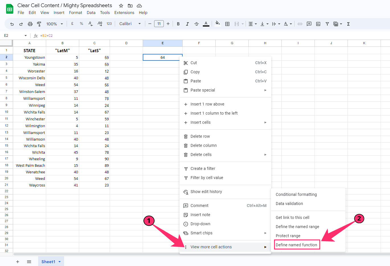 Define named function option under View more cell actions