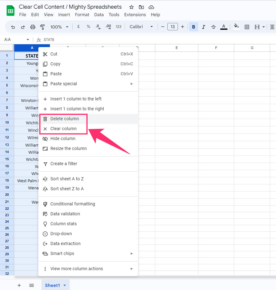 Delete Column and clear column button in sheets