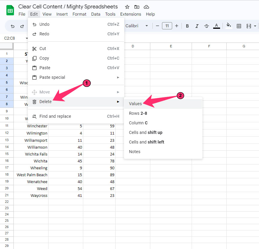 Delete values under edit button in sheets