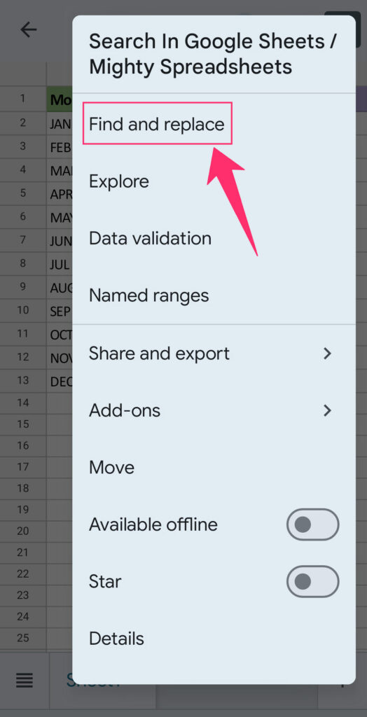 Find and replace option in sheets app