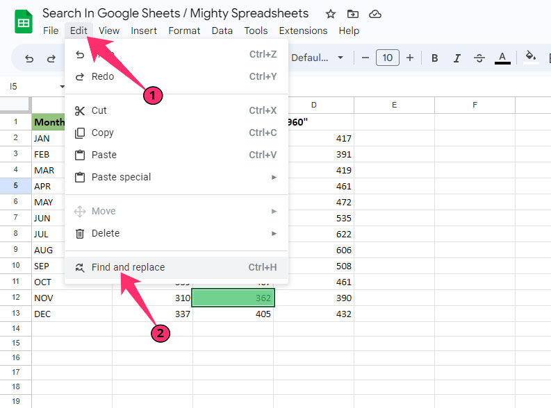 Find and replace option in sheets