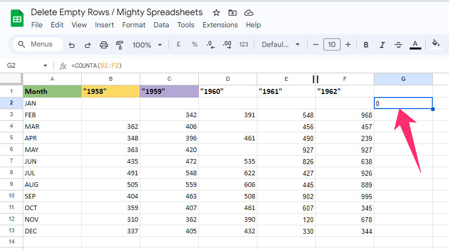 COUNTA function results