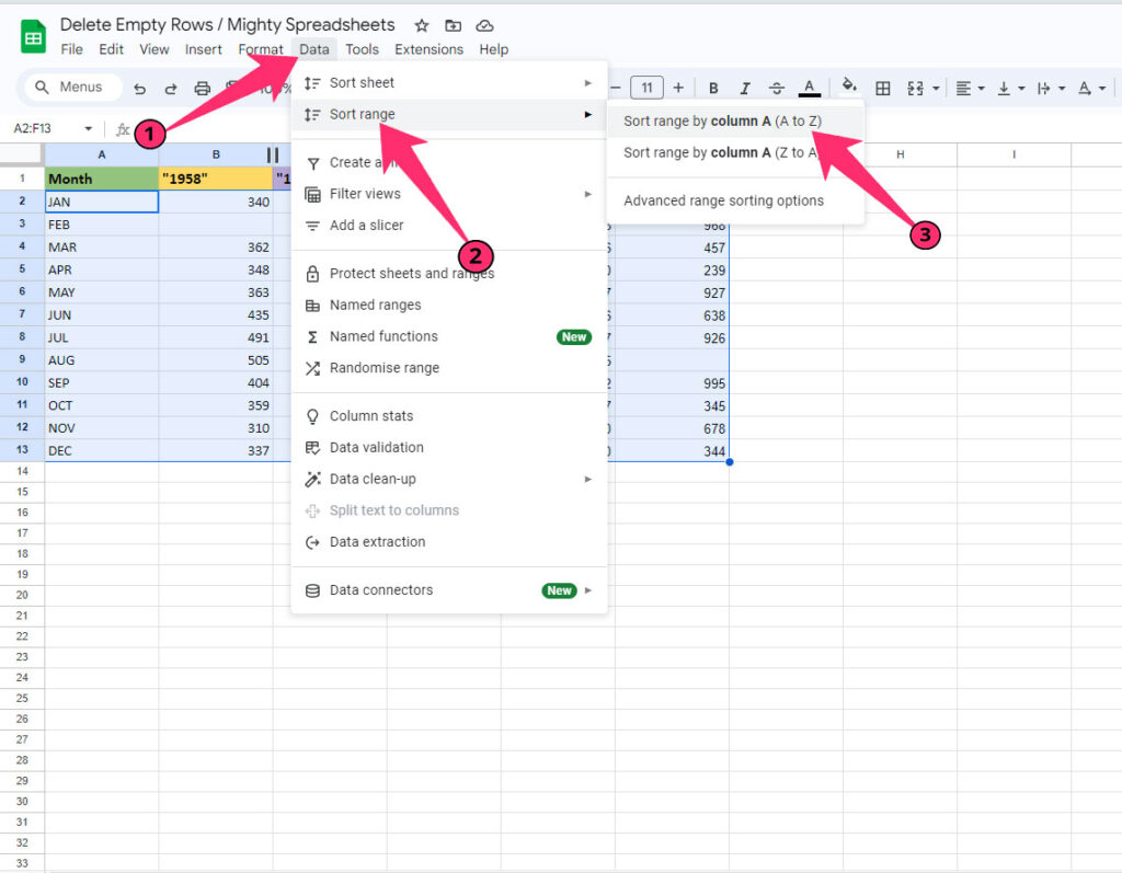 Sort range by Column A (Z to A) option