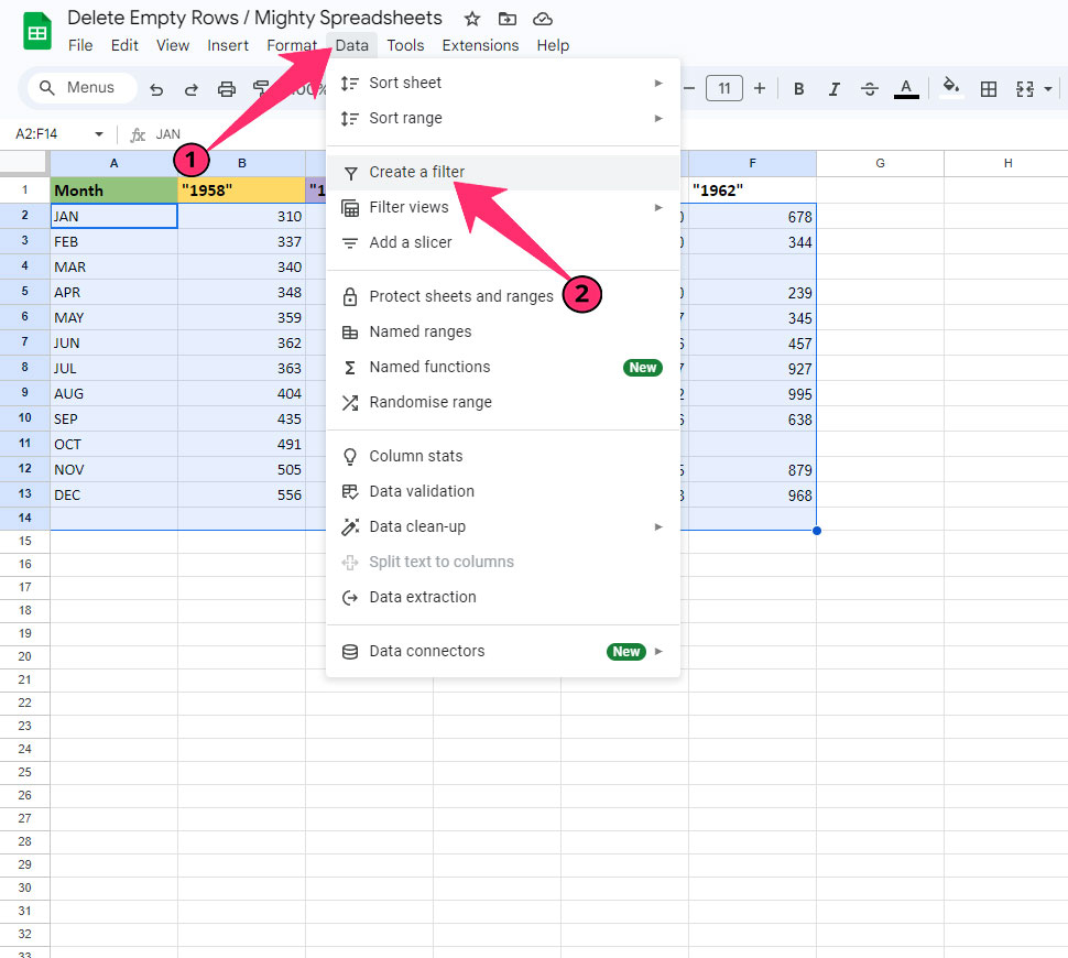 create filter under data tab