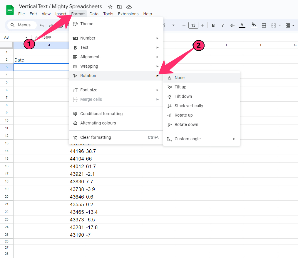 Changing The Text Direction To Vertical In Google Sheets