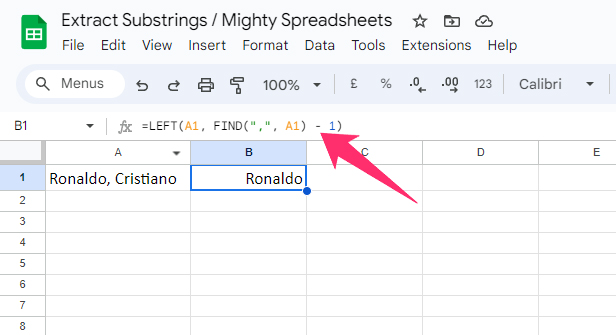 =LEFT(A1, FIND(,, A1) - 1)