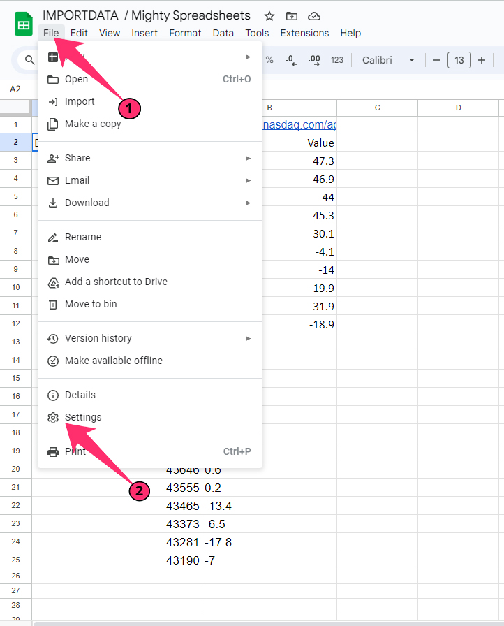 Settings option of sheets