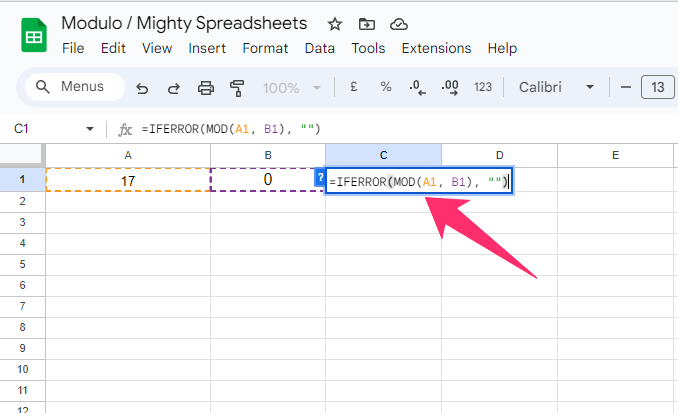 =IFERROR(MOD(A2, B2), )