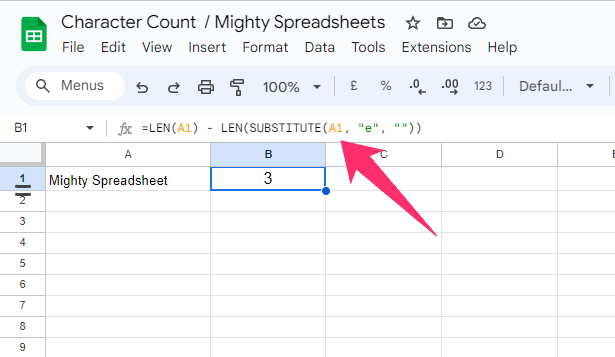 =LEN(A1) - LEN(SUBSTITUTE(A1, e, ))