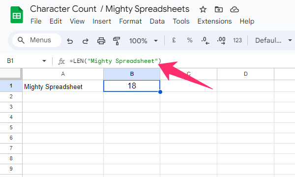 =LEN(“Mighty Spreadsheet”)