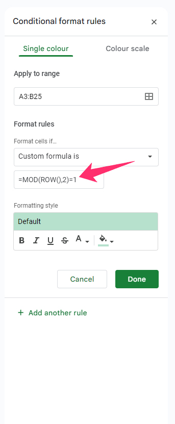 =MOD(ROW(),2)=1