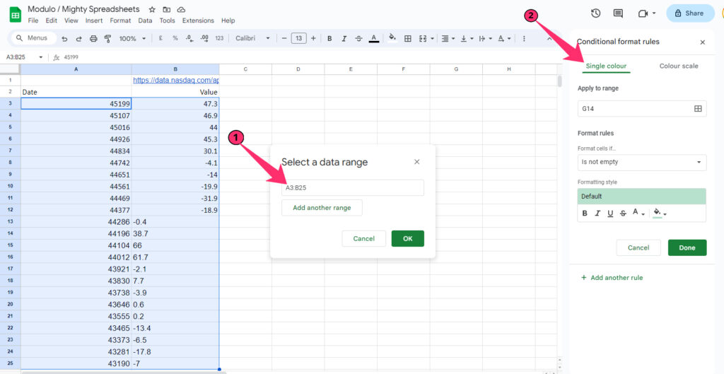 select ranges in Conditional Formatting