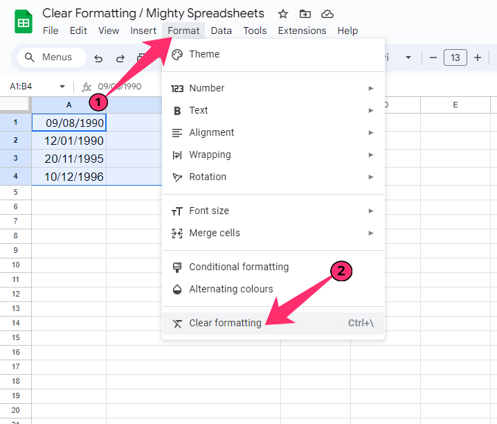 Clear Formatting option in sheets